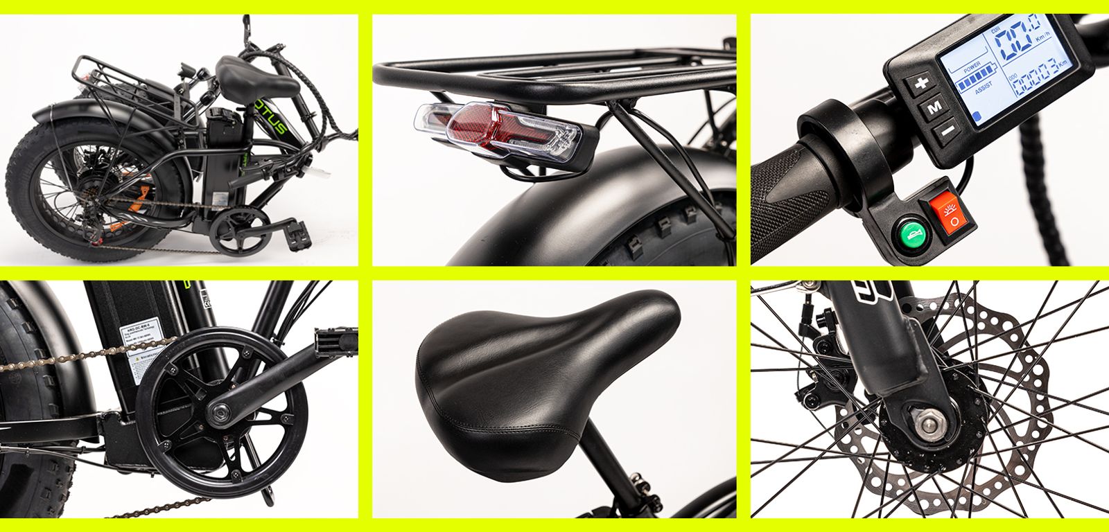 Szczegłowe przedstawienie elementów roweru Motus Fat Road - składanie, wyświetlacz, napęd, siodełko
