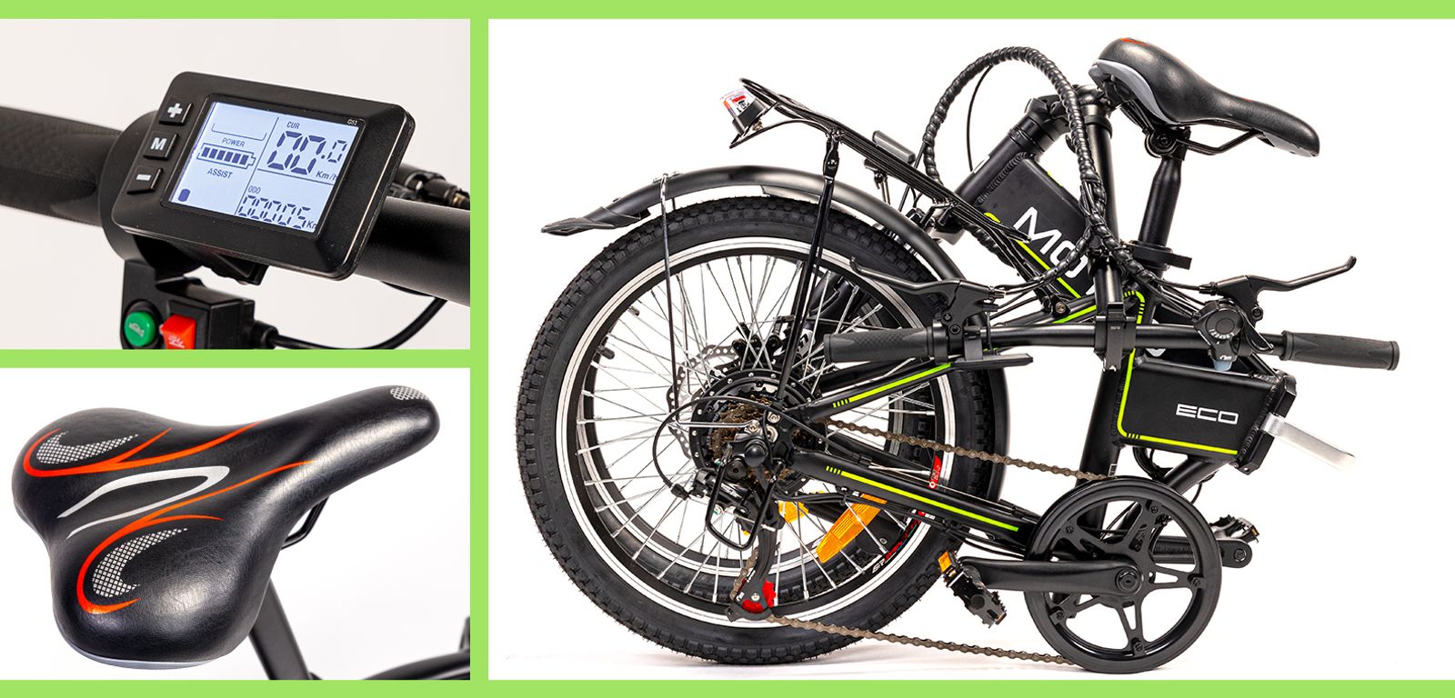 Widok szczegółowy na rower elektryczny Motus Eco - wyświetlacz, siodełko, składanie roweru 