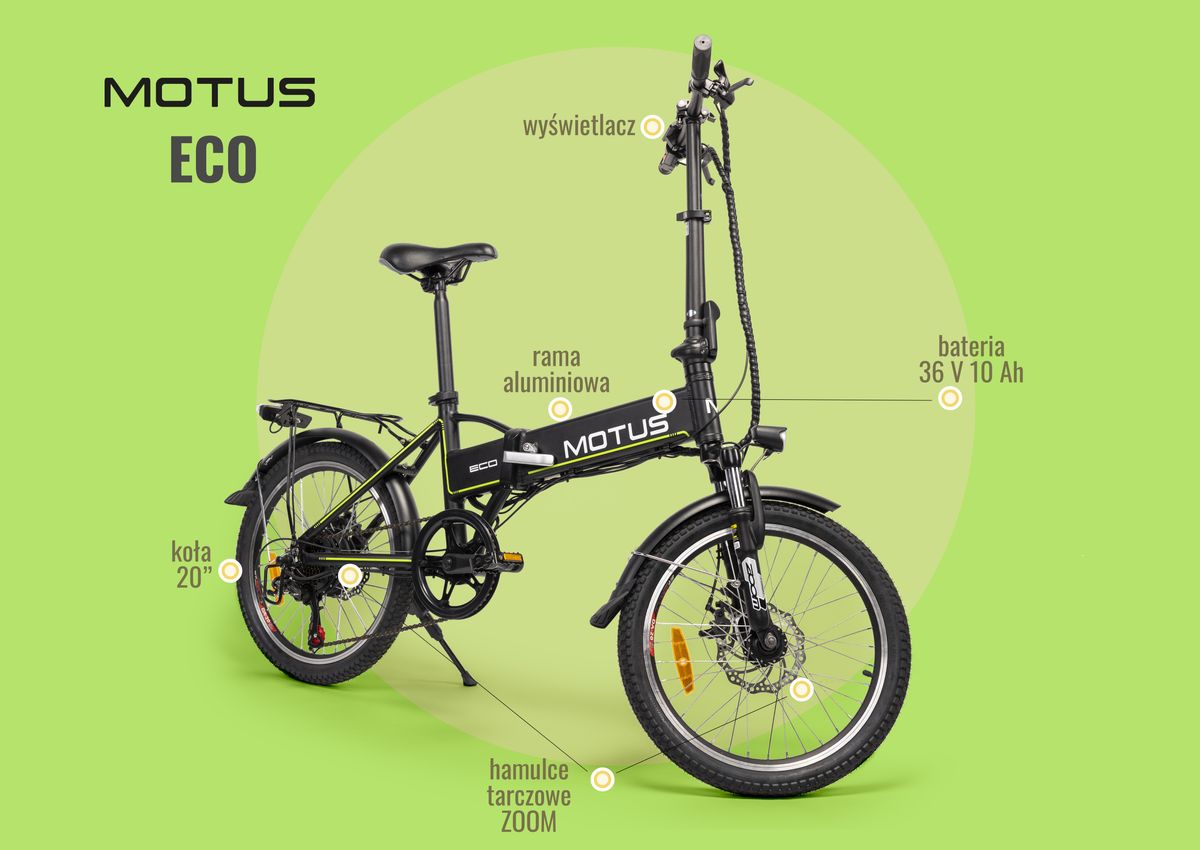 Składany rower elektryczny Motus - aluminiowa rama, wyświetlacz, koła 20